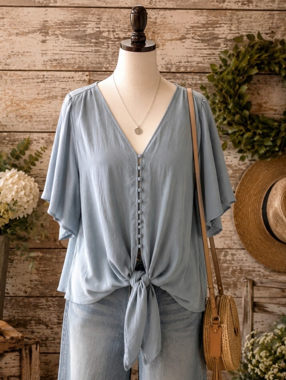 Dusty Blue Button Front Tie Hem Blouse XL Flutter Sleeve